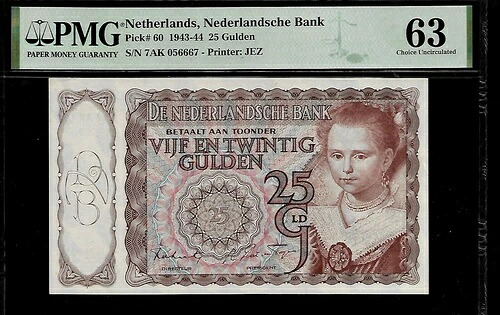 オランダ 25 グルデン 1943 PMG 63 UNC P#60 オランダ銀行｜WORLD RESOURCE【QUEEN店】