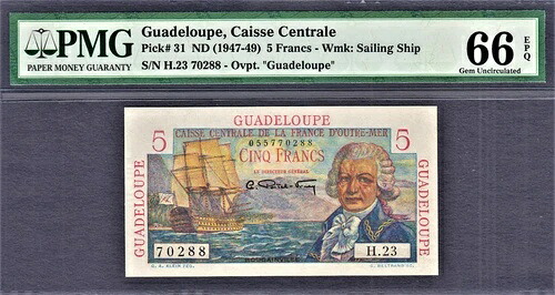 グアドループ 5フラン ND (1947-49) シリアル番号 70288 Pick-31 GEM UNC PMG 66 EPQ｜WORLD RESOURCE【QUEEN店】