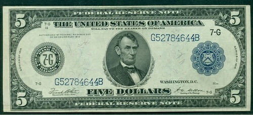 $5.00 FRN ? シカゴ、1914年、Fr. #871A、新品 AU/UNC|WORLD RESOURCE【QUEEN店】