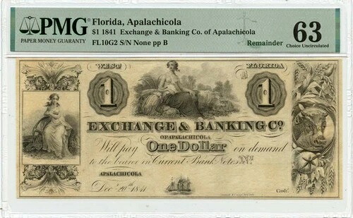 1841 $1 フロリダ州アパラチコラ PMG UNC63 OBSFL10G2｜WORLD RESOURCE【QUEEN店】