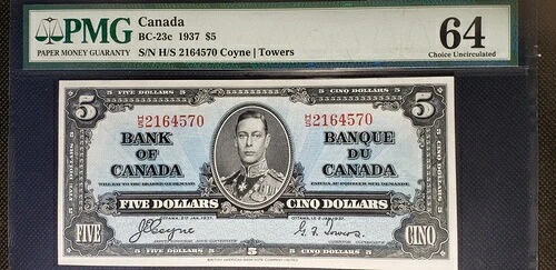 カナダ銀行 1937年 BC-23c $5 コインタワーズ (SN:H/S 2027260) PMG CUNC64 ?|WORLD RESOURCE【QUEEN店】