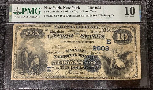 1882年 ナショナル リンカーン・ナショナル銀行 ニューヨーク 10ドル PMG 10 日付 948736-39｜WORLD RESOURCE【QUEEN店】