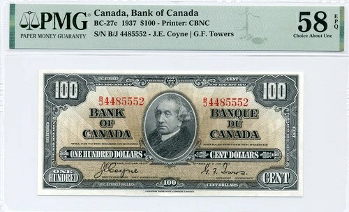 100ドル 1937年 カナダ銀行 BC-27c、PMG Choice About UNC 58 EPQ|WORLD RESOURCE【QUEEN店】