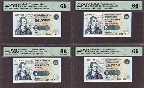 スコットランド 5ポンド 4記念 マッチングセット ロー# 000379 CS1 GEM UNC PMG 66 EPQ｜WORLD RESOURCE【QUEEN店】