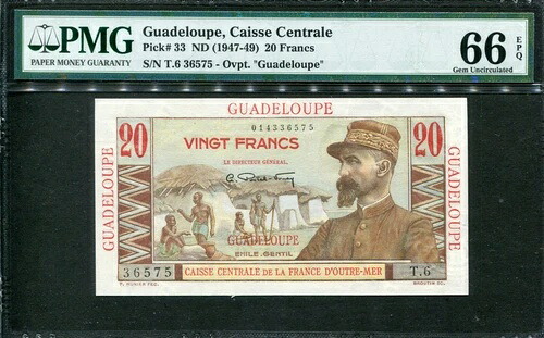 グアドループ 1947-1949、20フラン、P33、PMG 66 EPQ GEM UNC｜WORLD RESOURCE【QUEEN店】