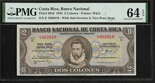コスタリカ 2 コロンズ 1945 PMG 64 EPQ UNC ピック # 201d｜WORLD RESOURCE【QUEEN店】