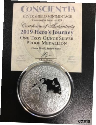 2019 シルバー シールド プルーフ ヒーローズ ジャーニー 1 オンス シルバー ミニ ミンテージ、CoA 付き2019 Silver Shield Proof Heroes Journey 1 Oz Silver Mini Mintage W/CoA画像