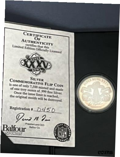 【極美品/品質保証書付】 アンティークコイン コイン 金貨 銀貨 [送料無料] SUPER BOWL XXXV 35 BALFOUR ROUND GIANTS V. RAVENS TAMPA 999 SILVER COIN 1/7500画像