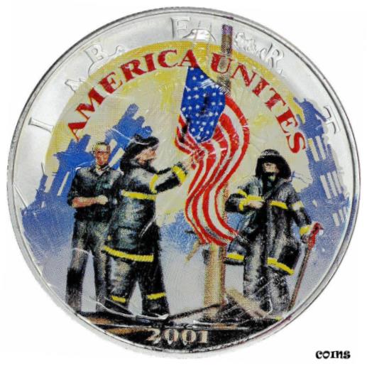 2001 アメリカの 9/11 ヒーローズ カラー化されたアメリカン シルバー イーグル (COA 付き)2001 American 9/11 Heroes Colorized American Silver Eagle with COA画像