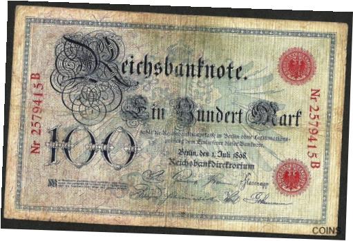 【極美品/品質保証書付】 アンティークコイン コイン 金貨 銀貨 [送料無料] GERMANY, IMPERIAL BANKNOTE 100 MARK 1898 Ross:R-15 VF PAPER PULLS B 7 DIGIT画像