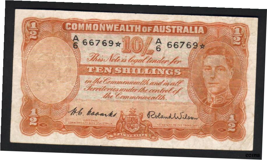 【極美品/品質保証書付】 アンティークコイン コイン 金貨 銀貨 [送料無料] Australia R-15S. (1952) 10 Shilling-Coombs/Wilson STAR Note.. Prefix A/6.. aFine画像