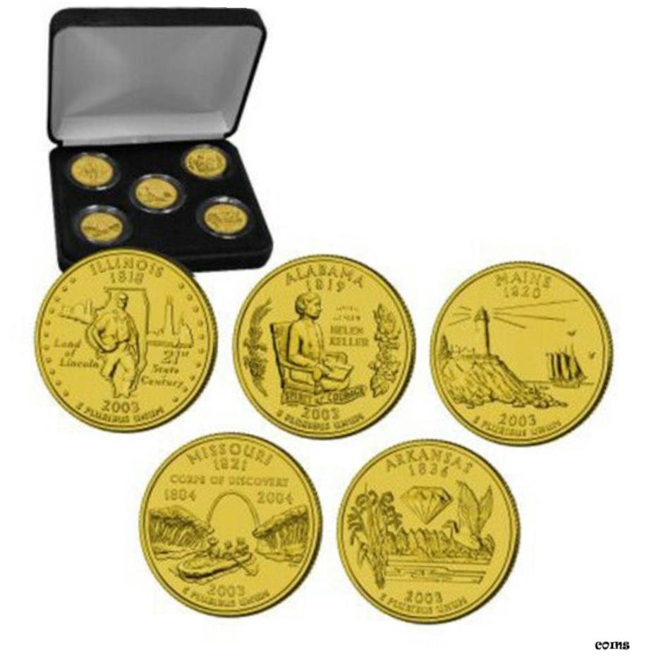 2003 24 カラット ゴールド レイヤード ステート クォーター 5 コイン セット2003 24 Karat Gold Layered State Quarter 5 Coin Set