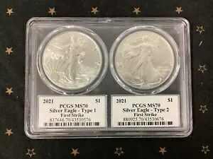 2021 $1 タイプ 1 およびタイプ 2 シルバー イーグル セット PCGS MS70 - ファースト ストライク - ブラック ラベル