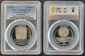 チェコスロバキア シルバー プルーフ 25 コルン コイン 1970 KM#69 解放 PCGS PR68 トップ??