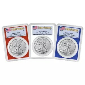 3 点セット - 2021 アメリカン シルバー イーグル タイプ 2 PCGS MS70 FS レッド、ホワイト、ブルー...
