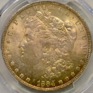 1884年 O モーガン シルバー ドル ゴージャスな美しさ、レインボー調の希少性 *PCGS MS 64*