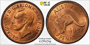 オーストラリア、1951 年の PL ジョージ 6 世ペニー。 PCGS MS 65 レッド! 18,000,000 ミント。｜WORLD RESOURCE【KING店】