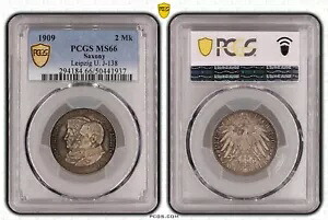 コイン ザクセン 2 マーク 1909 ユニ ライプツィヒ PCGS MS66 Prachtst?ck nswleipzig|WORLD RESOURCE【KING店】