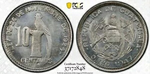 グアテマラ 1947 10 センタボス銀貨 + PCGS MS66 ???? ?? ロングテール + トップトップ｜WORLD RESOURCE【KING店】