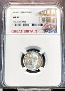 1946年 イギリス シルバー 6ペンス ジョージ6世 ロイヤル サイファー NGC MS 64 ビューティフル BU画像