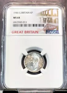 1946年 イギリス シルバー 6ペンス ジョージ6世 ロイヤル サイファー NGC MS 64 ビューティフル BU画像