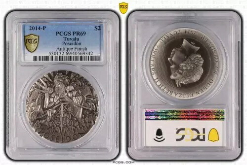 2014 ツバル $2 コイン ポセイドン アンティーク仕上げ PCGS PR69 #9342
