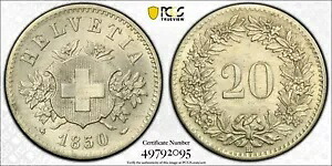 1850-BB スイス 20 ラッペン PCGS MS63|WORLD RESOURCE【KING店】