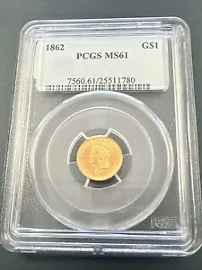 1862 リバティ ヘッド $1 ゴールド ピース - PCGS MS 61 / 美しい - リザーブなし!