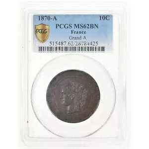 [#903679] コイン、フランス、セレ、10 サンタイム、1870、パリ、PCGS、MS62BN、MS(60-62) 186,450円