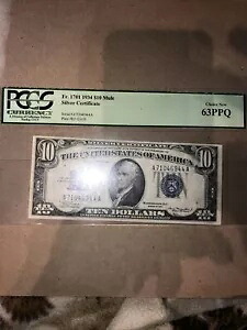 10ドル。 1934 ミュール ブルー シール シルバー証明書魅力的、PCGS 選択 新品 63PPQ