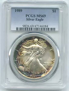 1989 アメリカン イーグル 1 オンス シルバー ダラー PCGS MS69 トーニング トーン - DN660