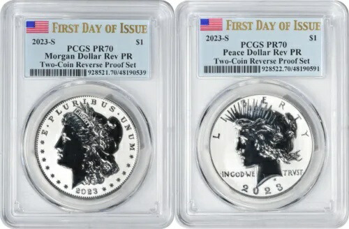 2023-S モーガンとピース シルバー ダラー 2 コイン リバース プルーフ セット PR70 FDOI PCGS|WORLD RESOURCE【KING店】