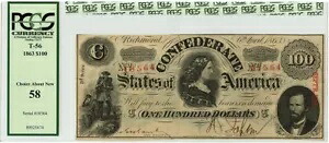 1863 T-56 1863 $100 CSA 南軍 PCGS 通貨 AU58｜WORLD RESOURCE【KING店】 167,200円