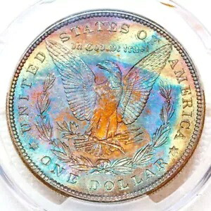 1885-P PCGS MS63 モーガン $「ゴールド シール」マルチカラー鮮やかなレインボー トーニング (ビデオ)｜WORLD RESOURCE【KING店】