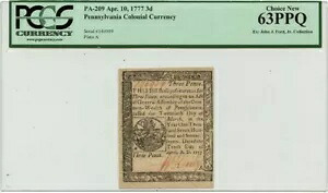 1777 年 4 月 10 日の 3 d ペンシルバニア植民地 PCGS CH63 PPQ｜WORLD RESOURCE【KING店】