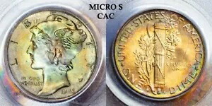1945-S PCGS MS66 - MICRO-S CAC 水銀、素晴らしい多色トーンのレインボー