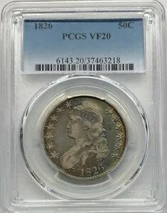 1826 キャップド バスト ハーフ ダラー、ミス リバティ ヘッド ハーフ、バスト コイン、50C PCGS VF20