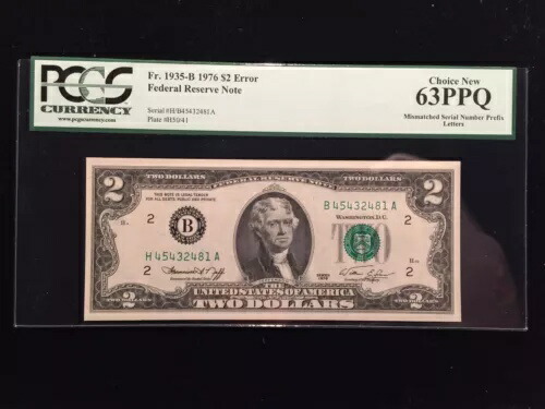 1976 $2 2 ドル不一致シリアル プレフィックス文字エラー CU63PPQ 注 Fr1935B
