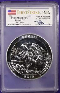 2012 5オンス 25c シルバー デナリ ATB - PCGS MS69PL ジョン メルカンティ サイン入りコイン。