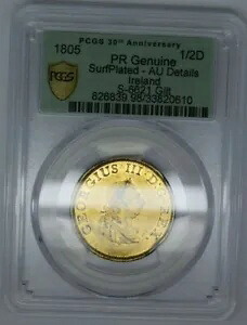 アイルランド 1805 1/2 d ハーフ ペニー プルーフ サルフメッキ 金メッキ エングレイルド エッジ PCGS PR AU｜WORLD RESOURCE【KING店】