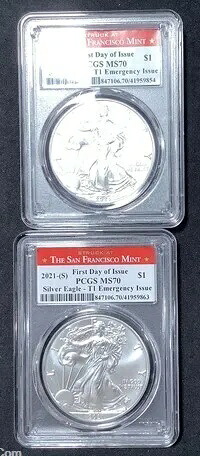(2) 2021 S シルバー イーグル タイプ 1 緊急 PCGS MS70 FDOI サンフランシスコ｜WORLD RESOURCE【KING店】