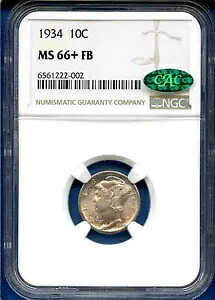 1934 P NGC MS66+FB マーキュリー ダイム 10c 米国造幣局 コイン シルバー 1934-P MS-66+Plus FB CAC｜WORLD RESOURCE【KING店】