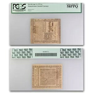 1772 1 シリング ペンシルバニア 4/3/1772 AU-58 PPQ PCGS (Fr#PA-154)|WORLD RESOURCE【KING店】