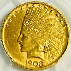 1908 P $10 ドル インディアン ヘッド ゴールド コイン モットなし AU58 PCGS グレード低造幣