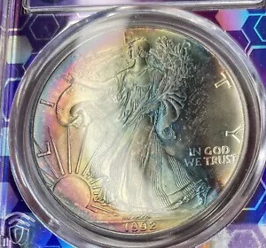 1992 アメリカン シルバー イーグル MS67 PCGS レインボー モンスター トーン パープル コア