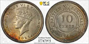 英国ホンジュラス、1944 ジョージ 6 世、10 セント、10 セント。 PCGS MS 62. 30,000 ミント