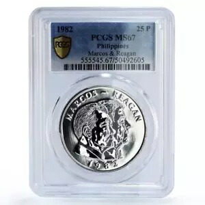 フィリピン 25 ピソ マルコス レーガン会議 政治 MS67 PCGS 銀貨 1982