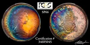 1971 カナダ BC シルバー プルーフ ドル $1 PCGS SP66 レインボー トーン ファンタスティック トーニング 195,800円
