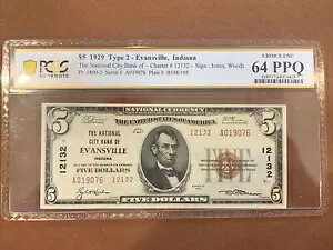 1929-$5.00-インディアナ州エバンズビル- タイプ 2- FR1800-2 チャーター番号 12132- PCGS- 64PPQ|WORLD RESOURCE【KING店】