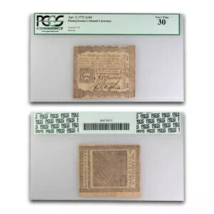 1772 2 シリング 6 P ペンシルベニア 1772/4/3 VF-30 PCGS (Fr#PA-157)|WORLD RESOURCE【KING店】